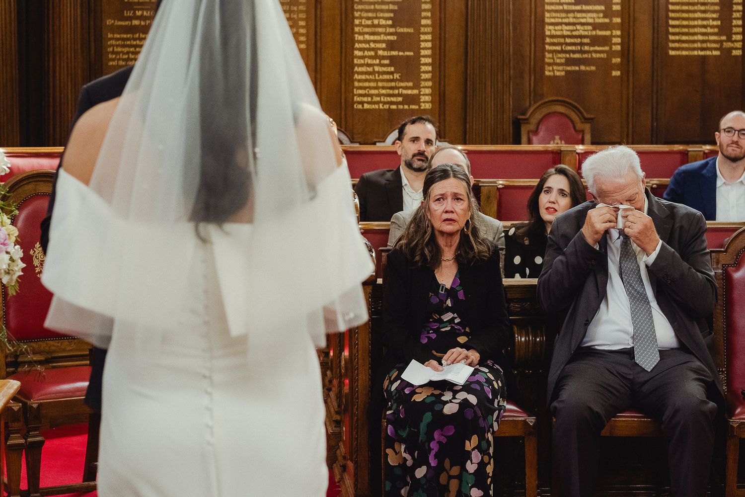 Wedding guests showing emotional reactions while watching bride in white dress and veil at church ceremony.