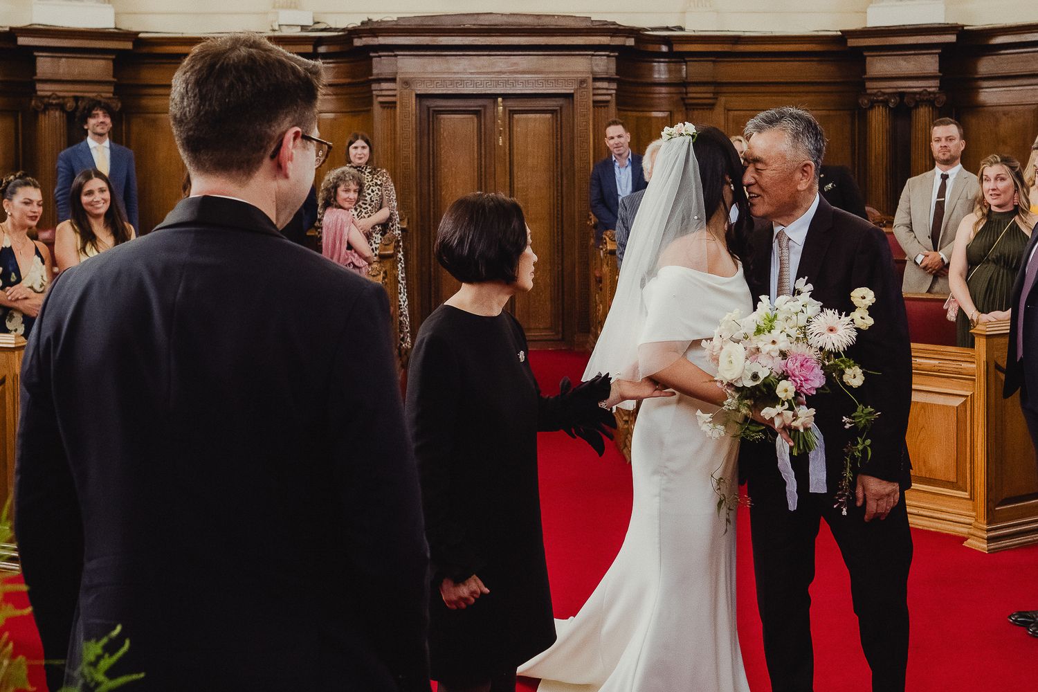 A series of traditional wedding ceremony moments captured in panoramic style inside a grand church sanctuary.