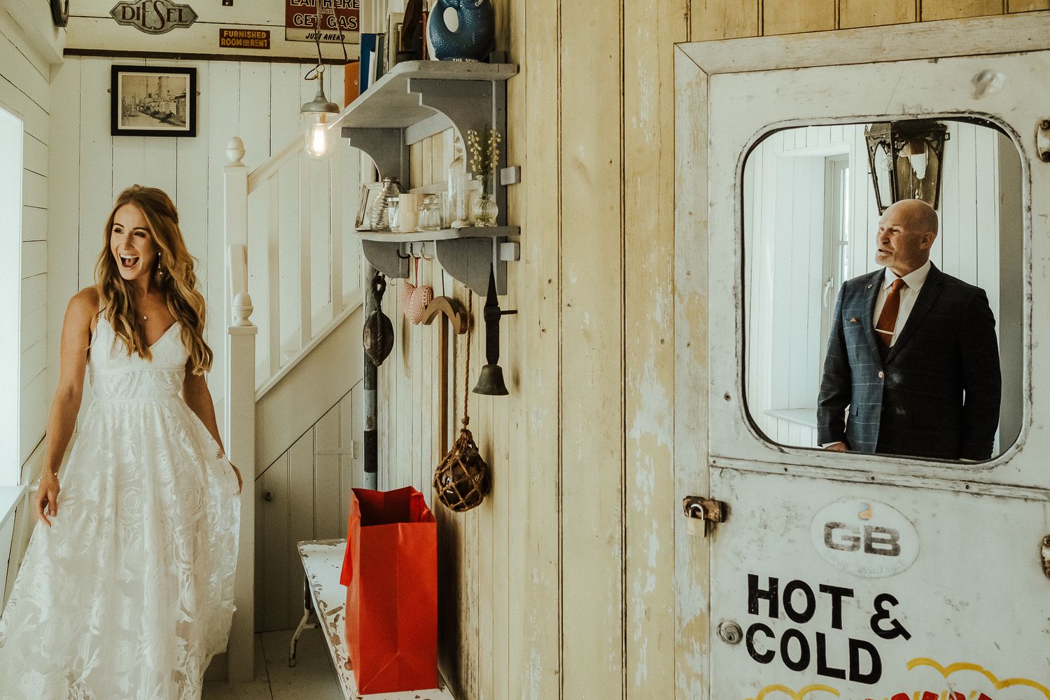 Rustic wooden barn interior decorated for a casual wedding reception.