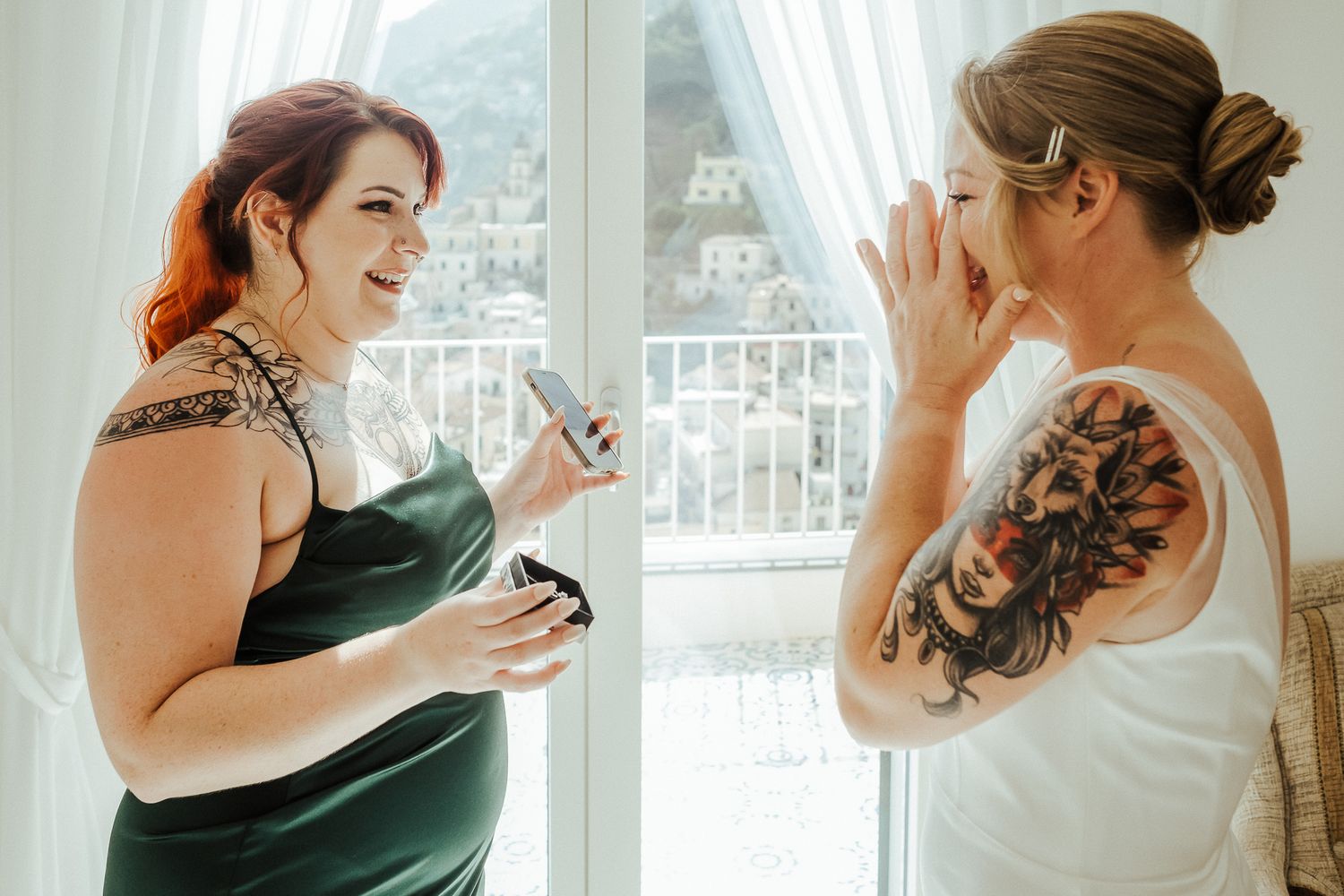 Wedding party getting ready sequence featuring tattoos and natural expressions.