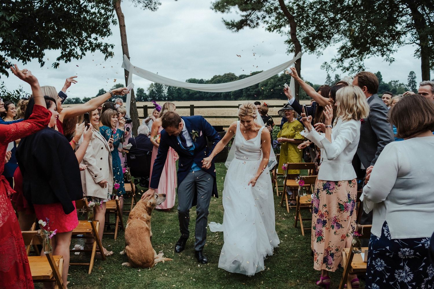 Wedding celebration with guests cheering on lawn under fabric-draped outdoor setting.