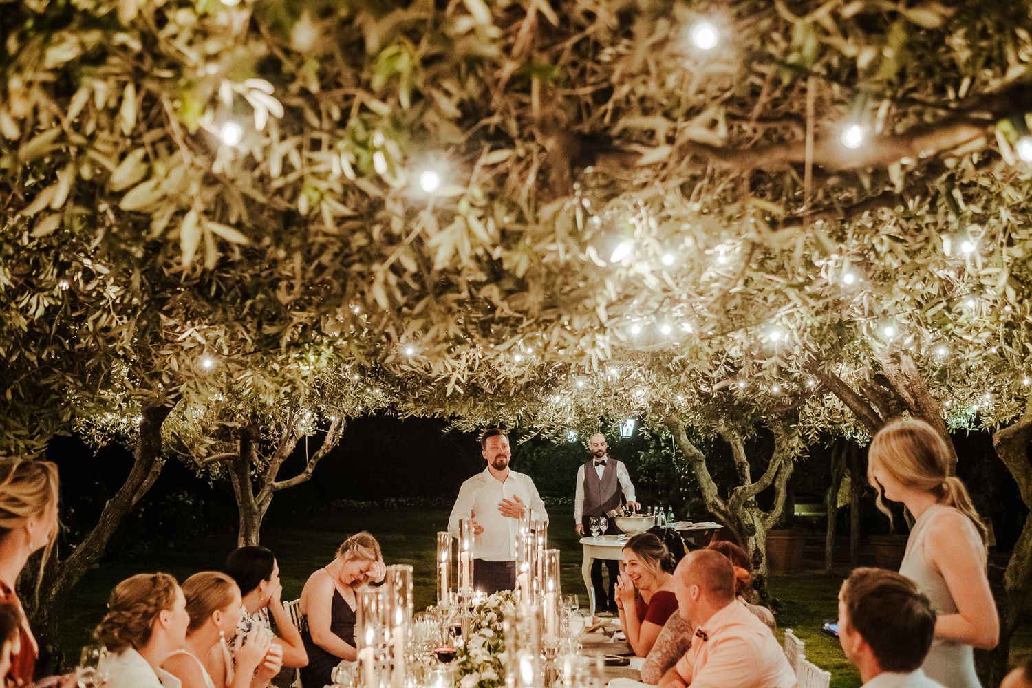 Outdoor dinner party under trees decorated with twinkling string lights.