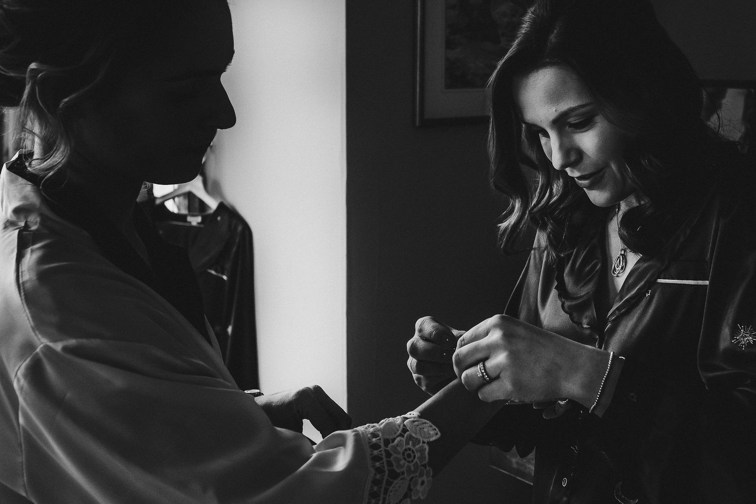 Intimate black and white photo of morning preparation details.