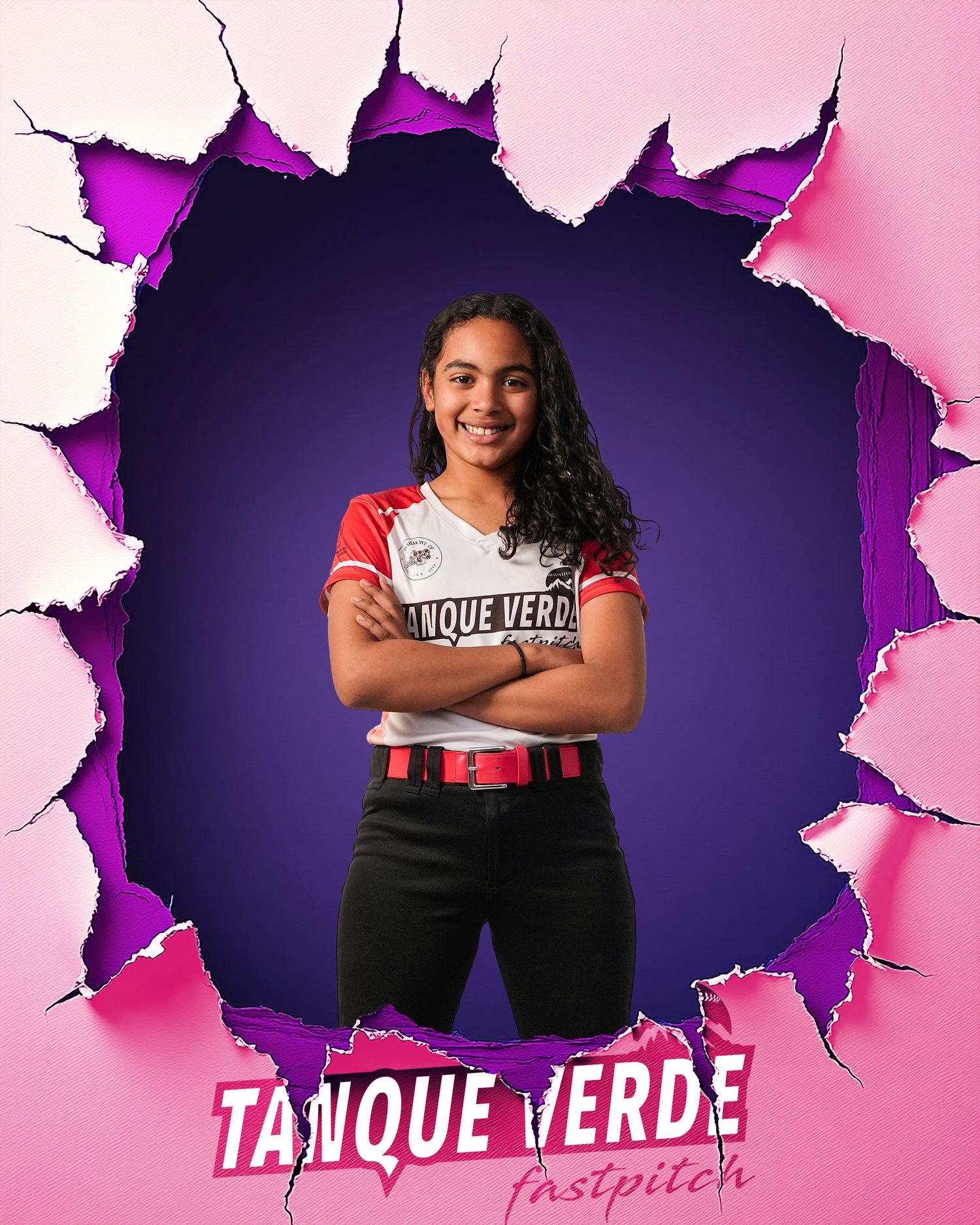 Person poses against purple background with torn pink paper effect and Tanque Verde text at the bottom.