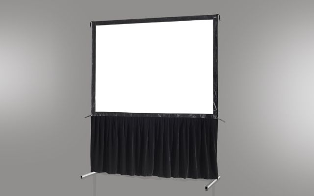 Portable projection screen with white display surface and black skirt on stand against gray background.