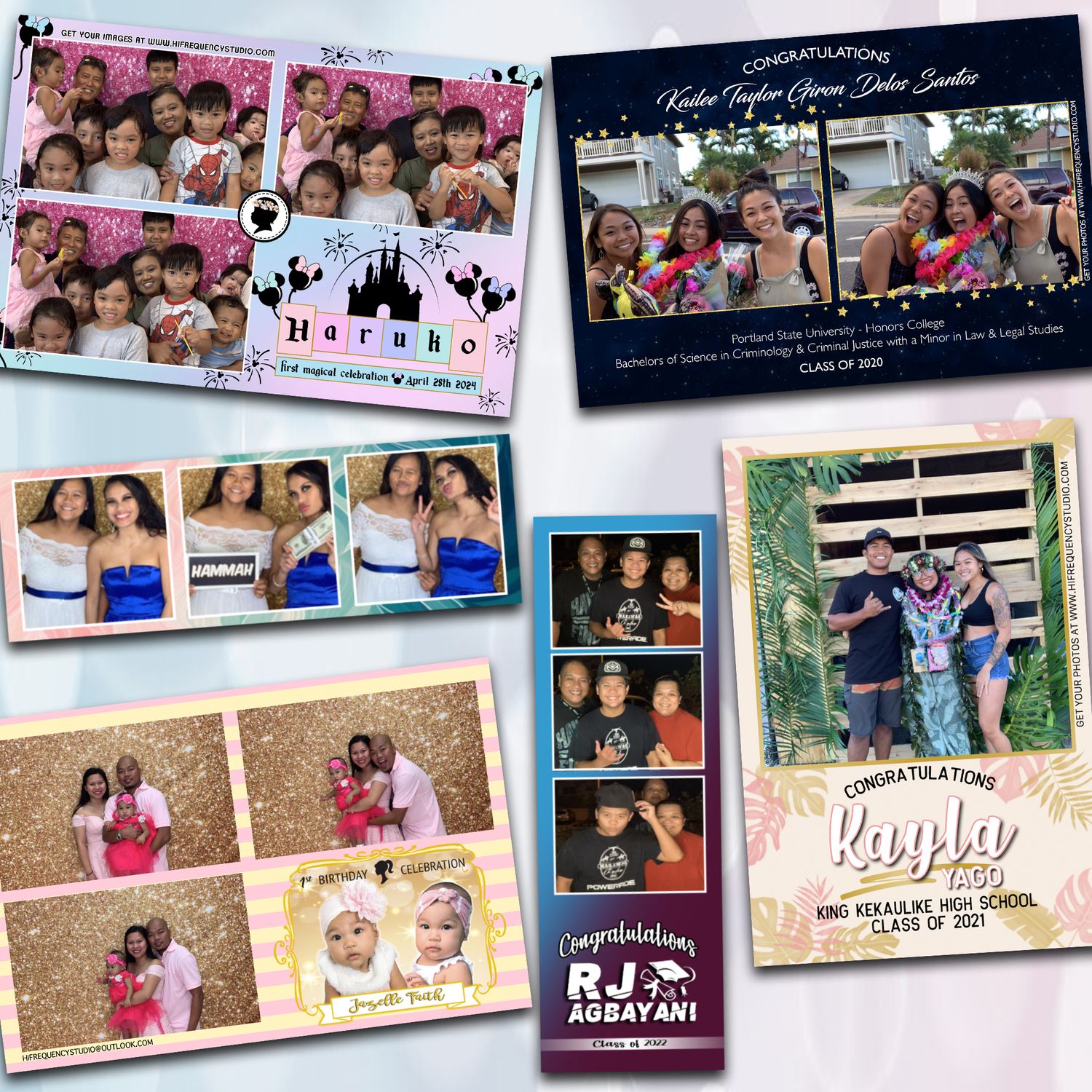 Collection of photo booth style pictures showing celebratory event memories.