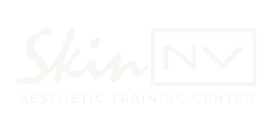 White logo for Skin NV Aesthetic Training Center on black background.