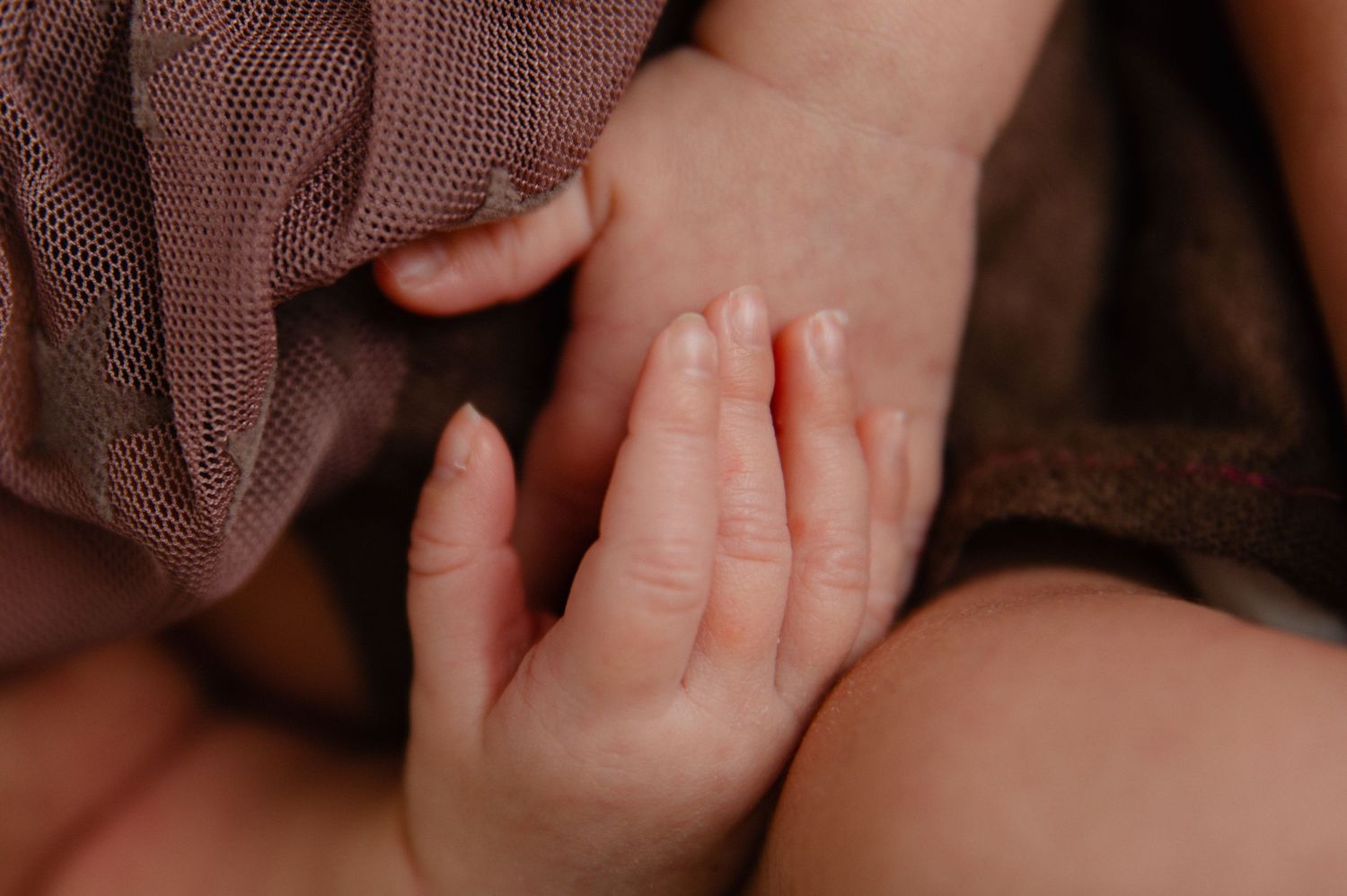 Artistic close-up of tiny newborn hands against soft brown fabric.