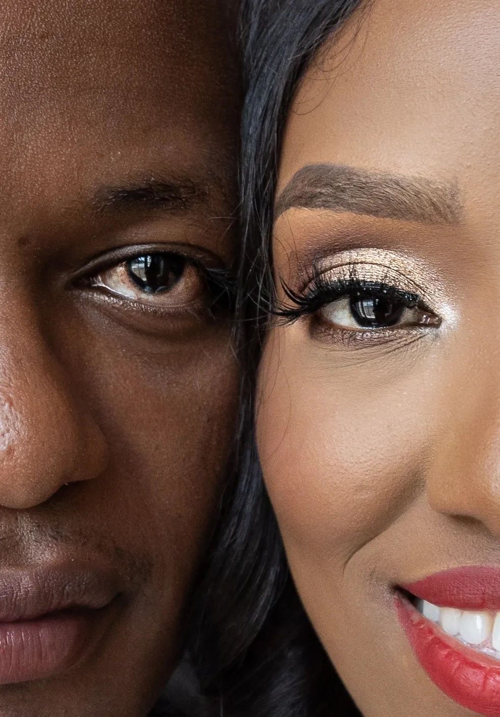 Close-up split portrait showcasing two faces with contrasting makeup styles.