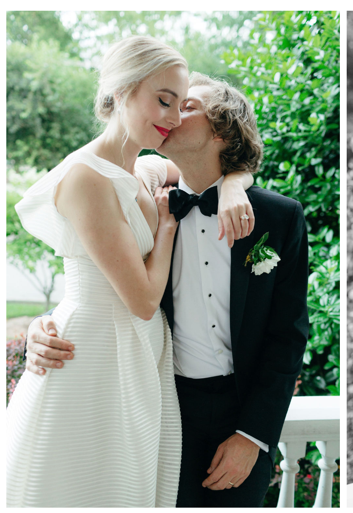 A romantic wedding couple sharing intimate moment in white dress and tuxedo on outdoor garden porch.