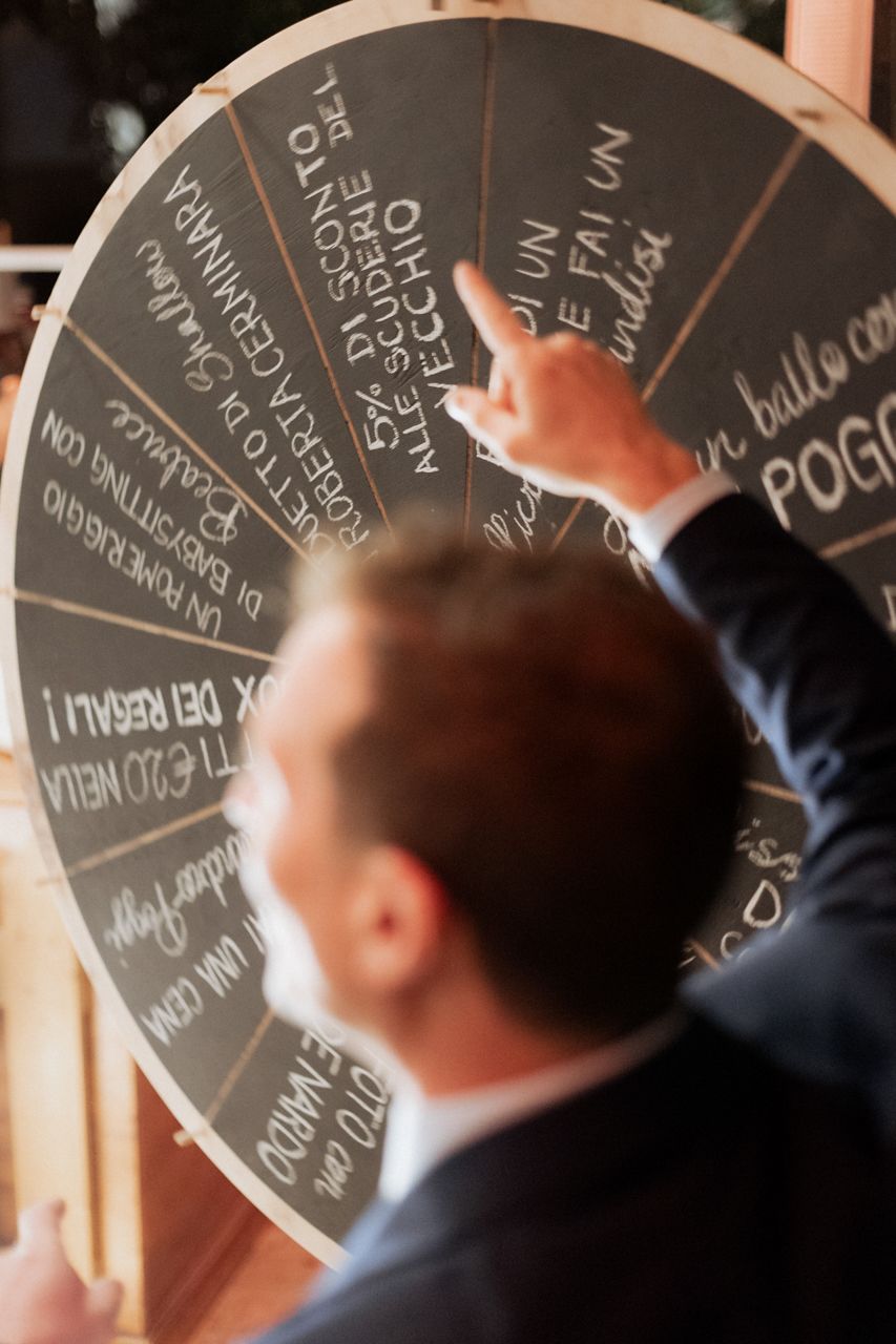 Person points at circular chalkboard menu or schedule during wedding reception.