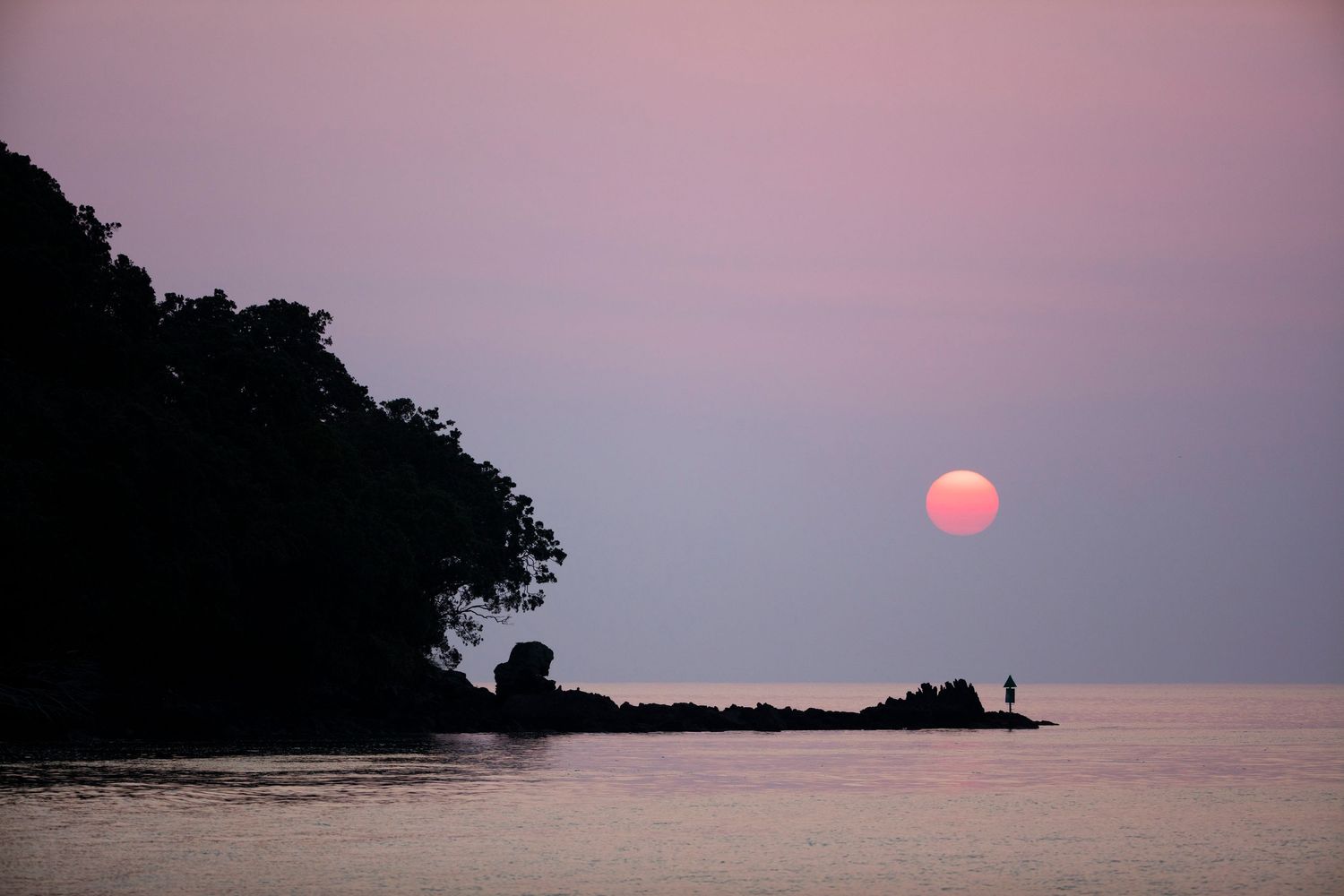 Pink and purple sunset over a calm ocean horizon with dark silhouetted coastline.