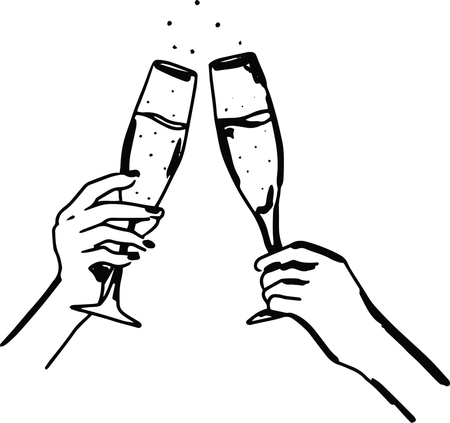 Black and white line drawing of two hands clinking champagne glasses in a celebratory toast.