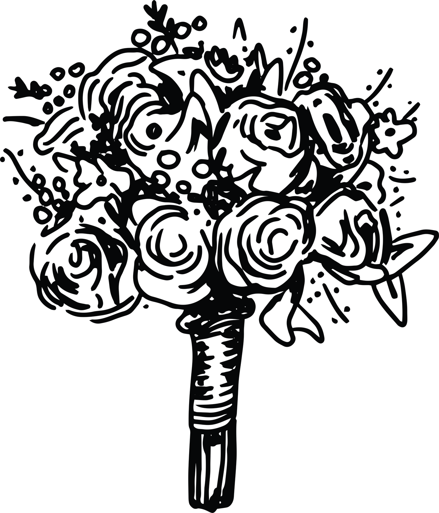 Simple line art illustration of floral bouquets with roses and leaves arranged in a decorative border pattern.