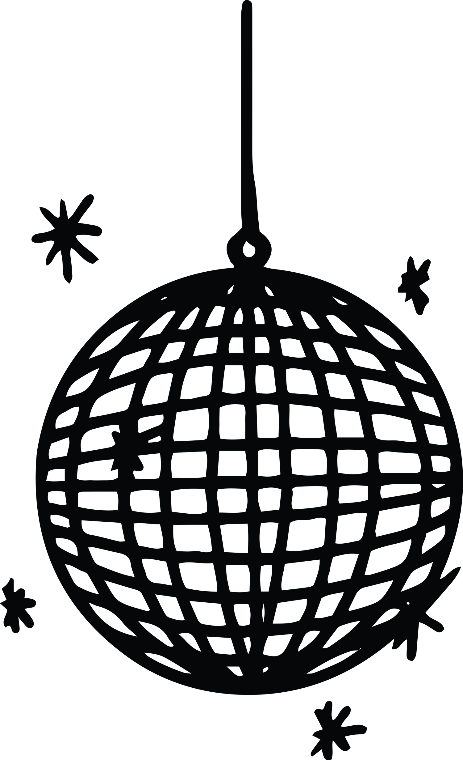 A black and white illustration of five disco balls hanging from the ceiling with grid-like patterns and reflective surfaces.
