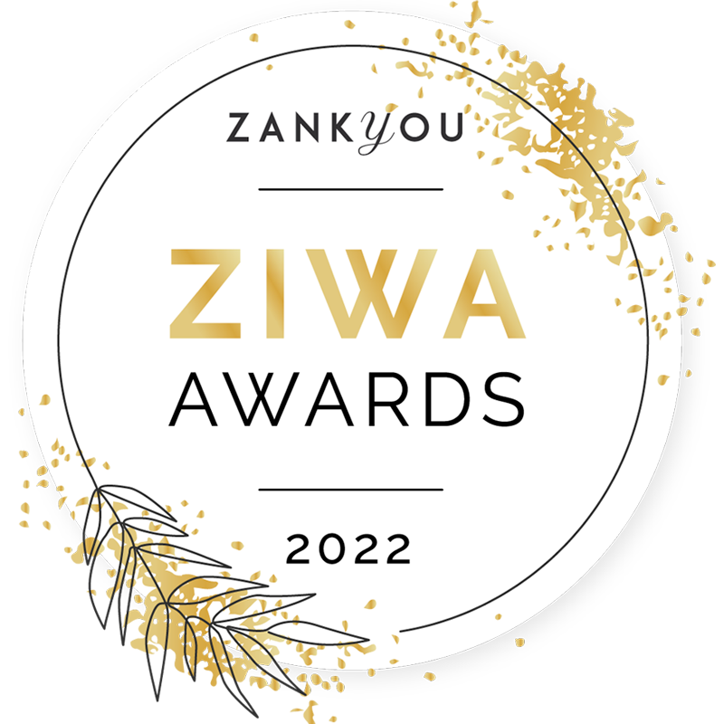 White circular logo for ZIWA Awards 2022 by Zankyou with gold splatter accents and leaf designs.