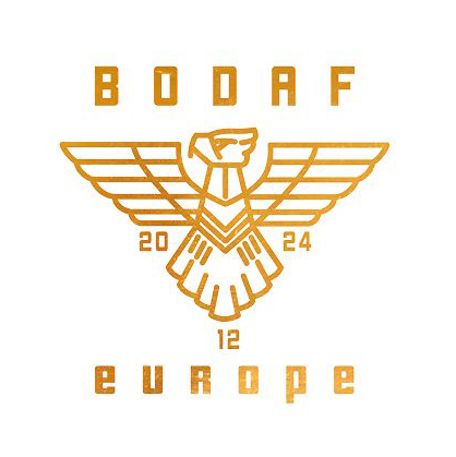 Gold eagle logo design with wings spread and text BIDAF EUROPE 20 24 12 in a circular white emblem.