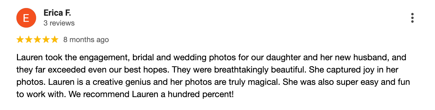 Social media screenshot showing text discussing taking wedding and engagement photos with photographers.