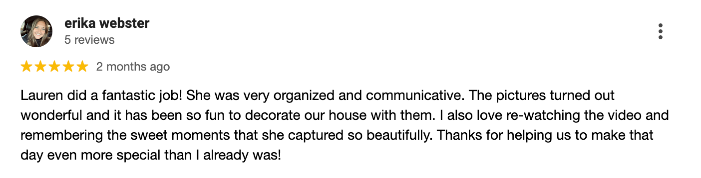 Facebook review showing 5 stars praising photography session details and communication style.