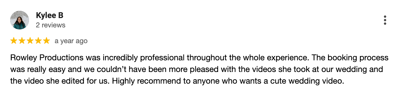 A 5-star review complimenting Honey Productions on their professional wedding video services and booking process.