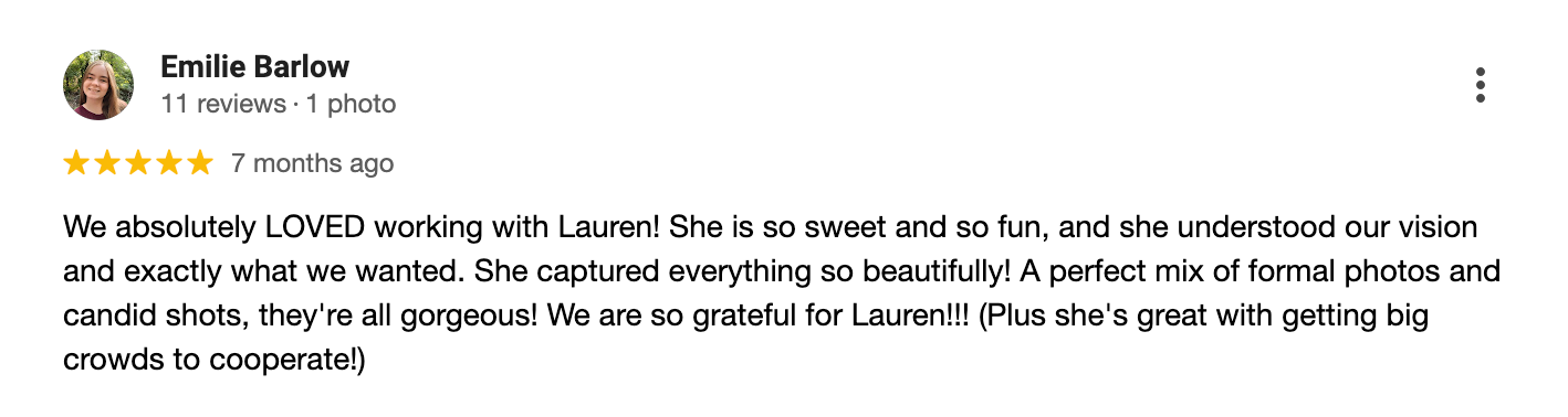 A 5-star review comment praising Lauren and her candid photography style at an outdoor wedding shoot.