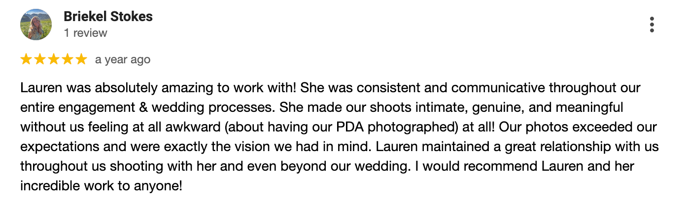 Positive review highlighting photographer's professionalism and communication during wedding engagement session.