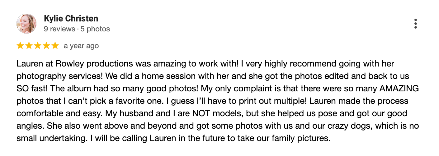 Positive 5-star customer review praising a photography session and photographer's process with pets and animals.