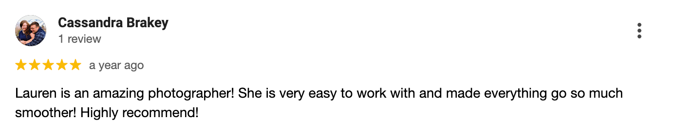A positive customer review with 5 stars praising Lauren's photography work and professionalism.