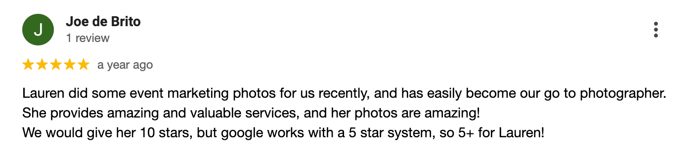 A glowing review recommending Lauren as a real estate photographer with praise for reasonable pricing and fast turnaround.
