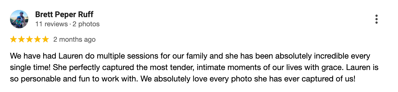 Glowing customer testimonial with 5 stars highlighting multiple successful photography sessions.