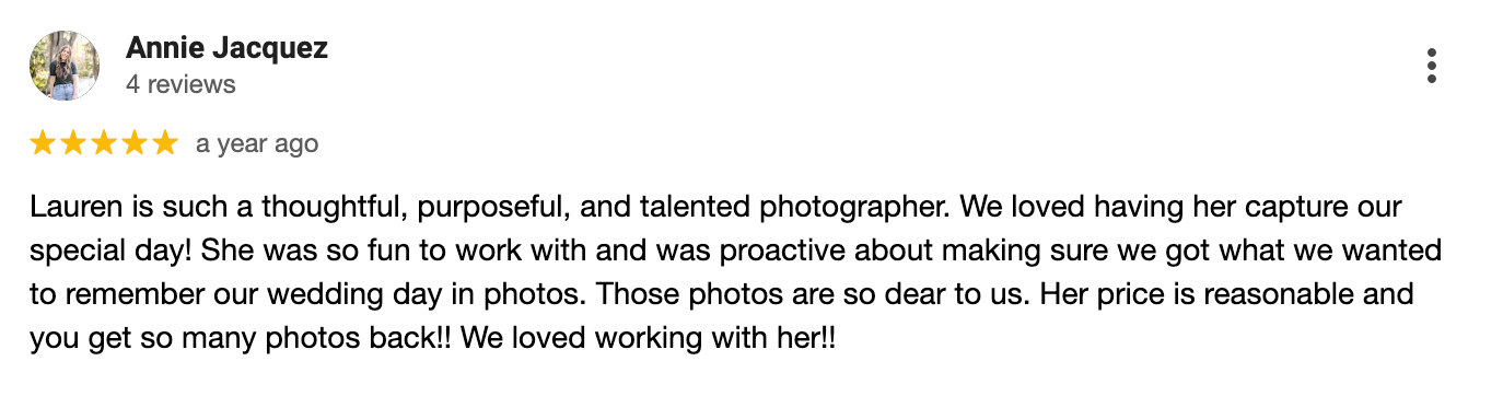 Client testimonial praising photographer's thoughtful approach and photo pricing transparency.