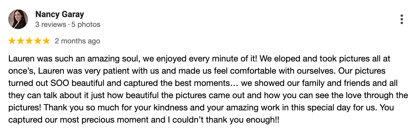 Happy wedding photography review on social media praising Lauren and mentioning soulmates.