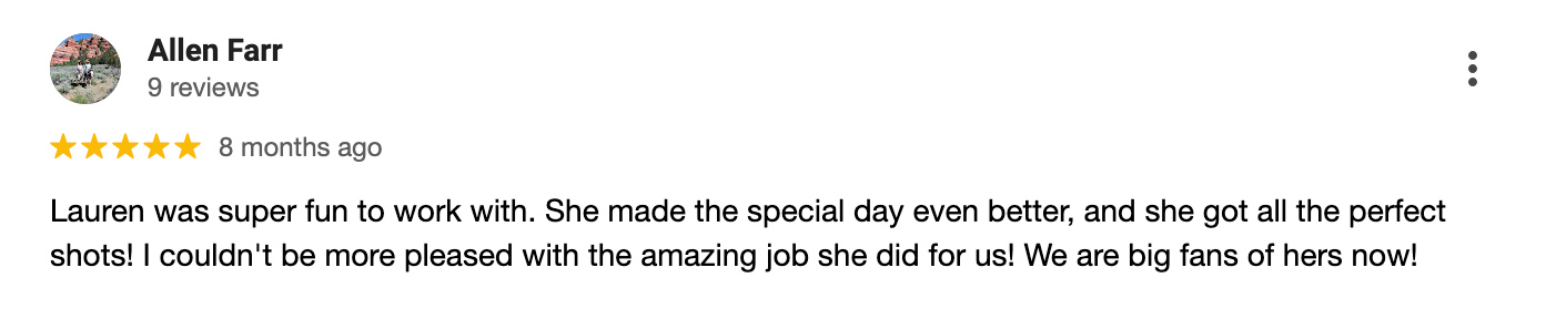 Customer review praising work on special photos and the big day.