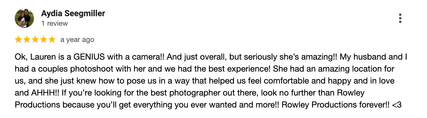 5-star review praising photographer's camera skills and customer service for wedding celebration.