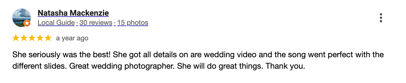 Five star review comment praising work on wedding video and song details.