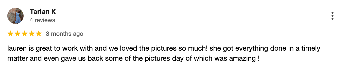 Short review complimenting photographer's skill and timeliness in wedding photo delivery.