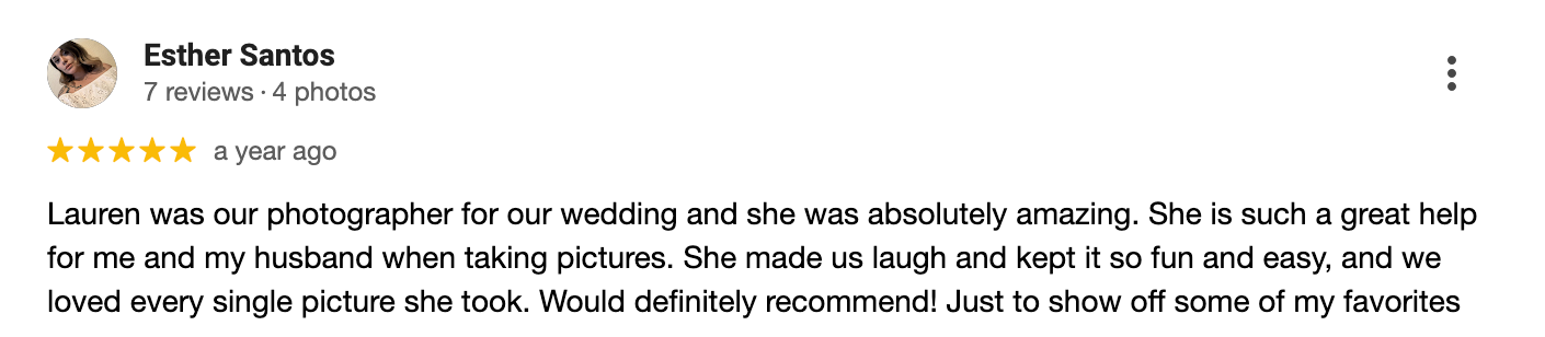 A glowing 5-star review from a satisfied client praising amazing wedding photographs with yellow star ratings visible.