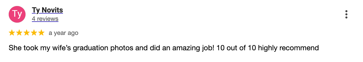 Social media review screenshot showing 5 stars with positive feedback about wedding graduation photos.