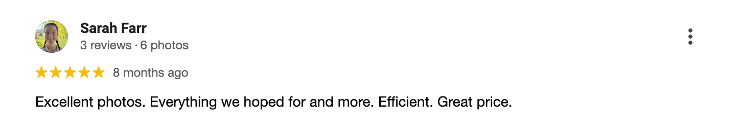 Five-star customer review praising excellent photos, service efficiency and great prices.