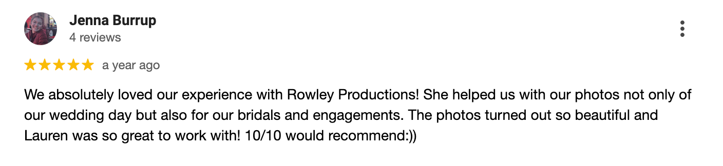 A screenshot of a positive Facebook review praising photography services and professionalism during a shoot.