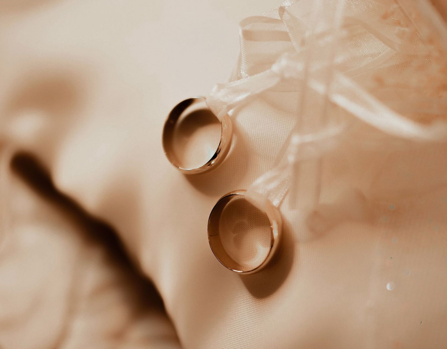 Two gold wedding rings photographed on delicate sheer fabric.