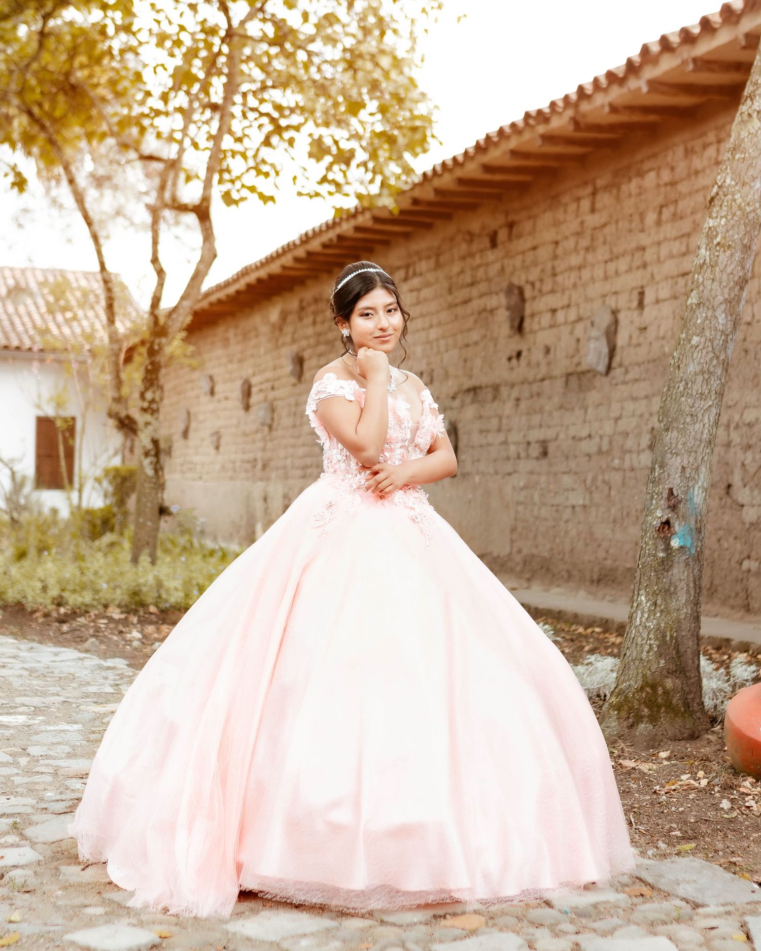 Person in flowing pink quinceañera dress poses against rustic adobe wall and trees.