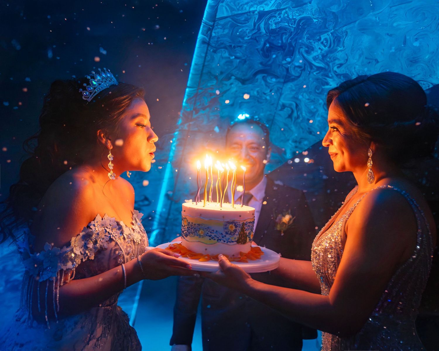 Two people share a glowing birthday cake in a magical blue-lit setting creating an ethereal celebratory moment.