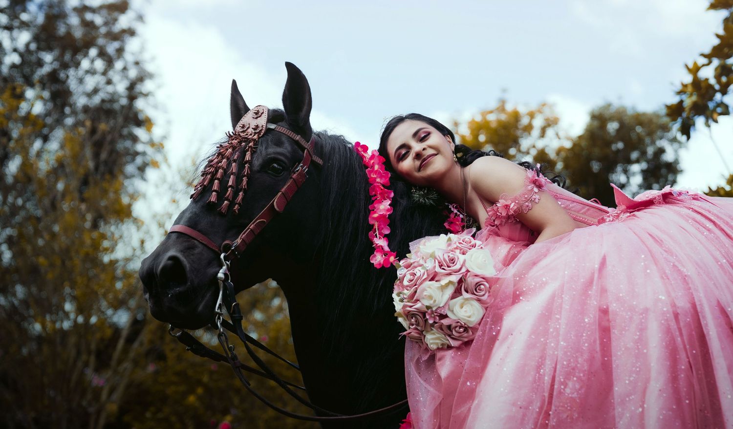 Beautiful quinceañera celebration with someone in a pink ball gown posing next to a black horse decorated with ribbons.