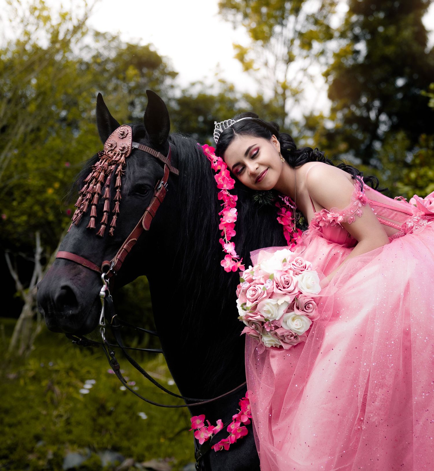 A person in a flowing pink gown poses with a black horse adorned with pink decorative accents in an outdoor setting.