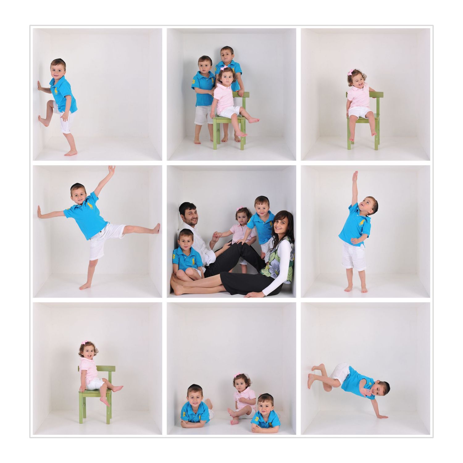 A playful photo collage of children in blue and pink outfits posing and playing against a white studio backdrop.