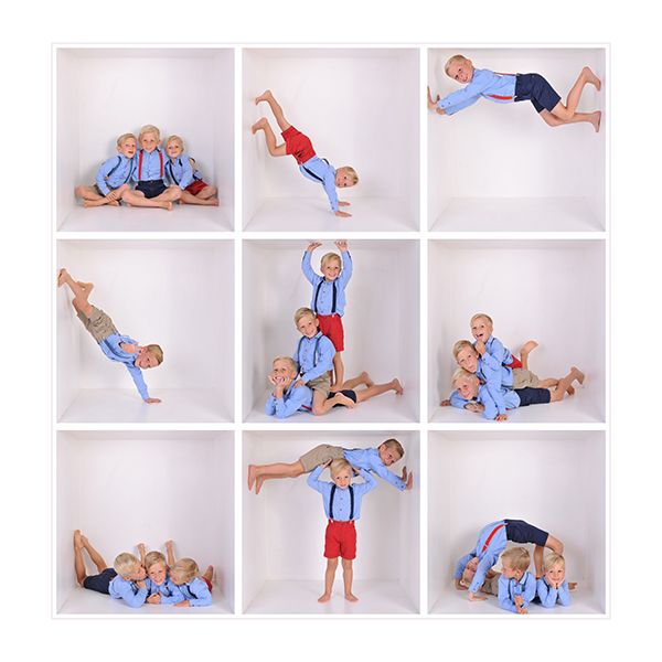Nine-panel photo grid showing creative poses and movements against a white background, wearing blue and red outfits.