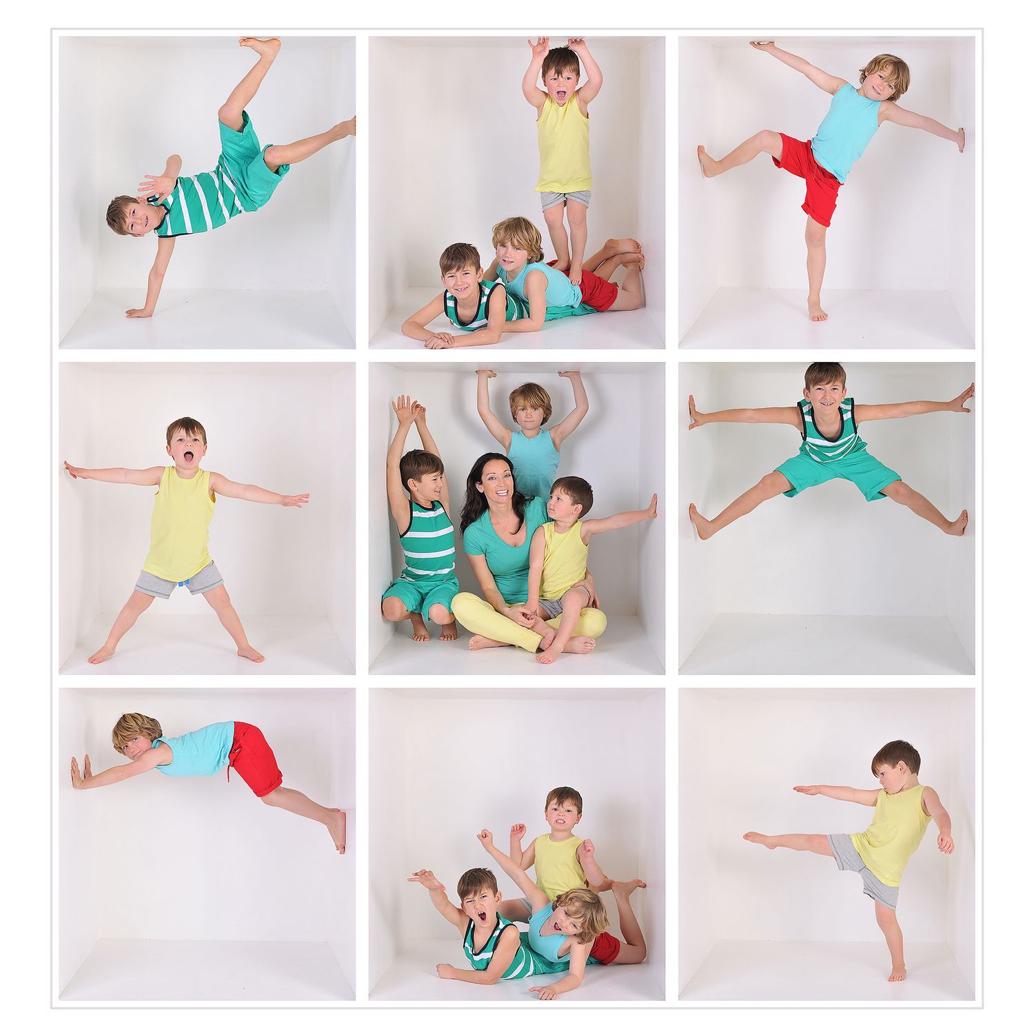 A collection of dynamic dance and movement poses in colorful activewear shown in a grid of nine square photos.