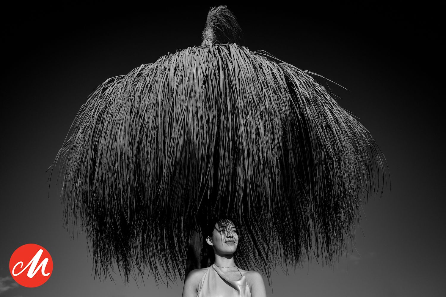 Palm frond parasols cast dramatic shadows in black and white against a dark moody sky.
