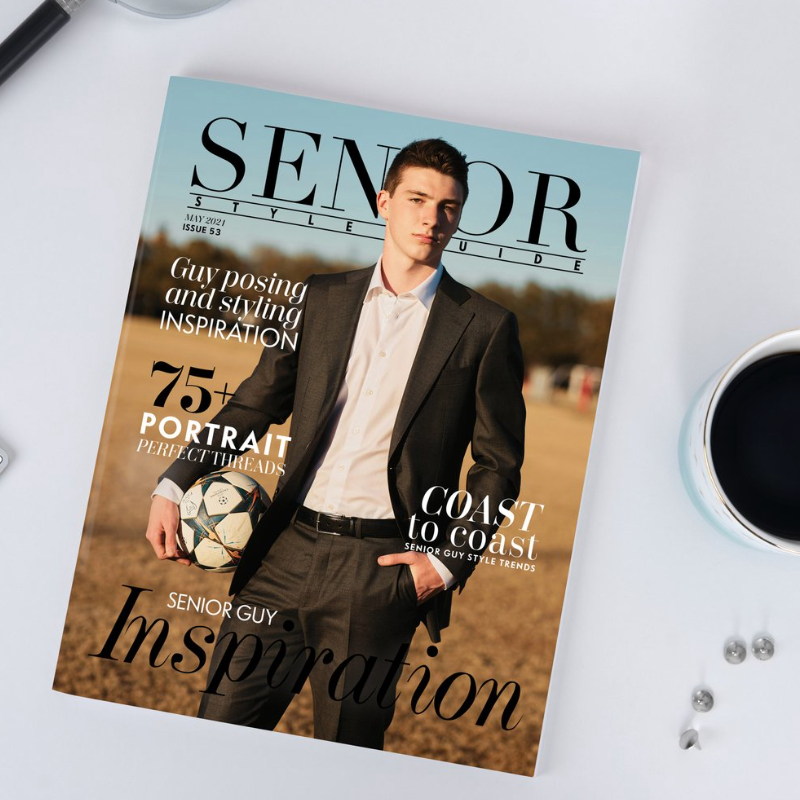 A senior magazine cover displayed on a white surface with a coffee cup and small items nearby.